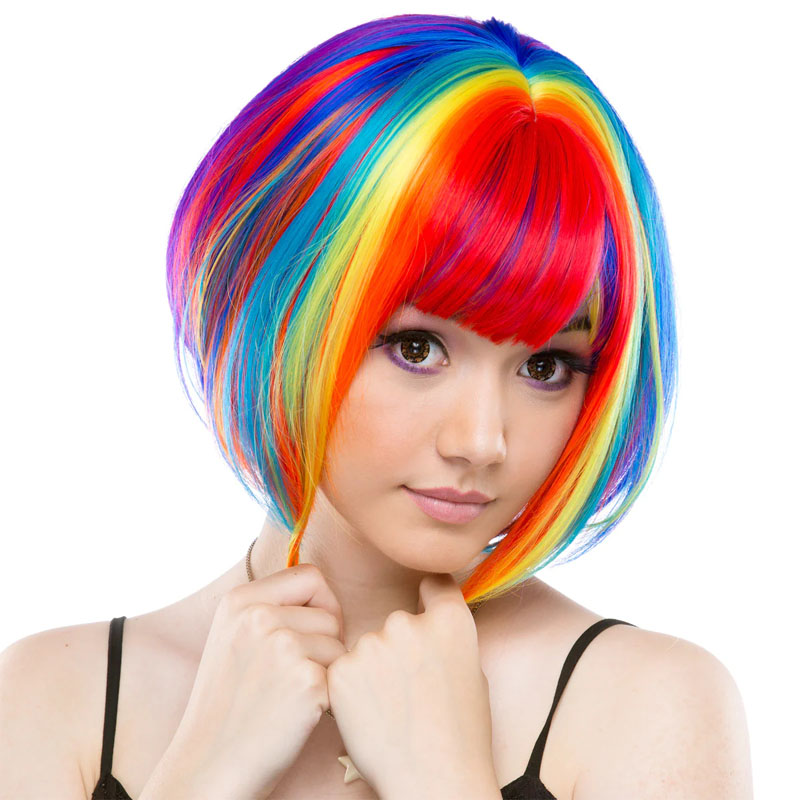 Rainbow Anime Wig Farverigt Bobo kort hår